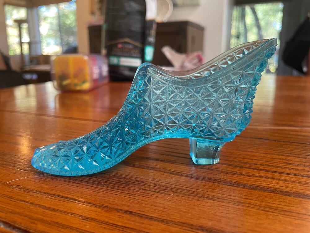describe it as:

Antique c. 1886-1910 Herman Tappan Blue Pressed Glass Slipper